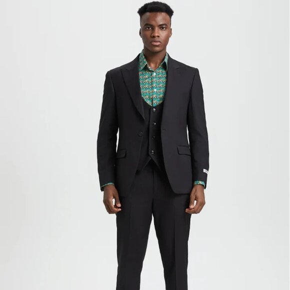 Men's Vested One Button Peak Lapel Stacy Adams Designer Suit In Black - Picture 1 of 10